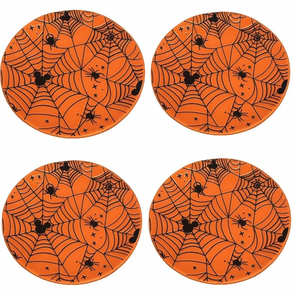 x4 Zrike DISNEY Halloween MICKEY MOUSE Orange Spiderweb Plate Set Appetizer NEW